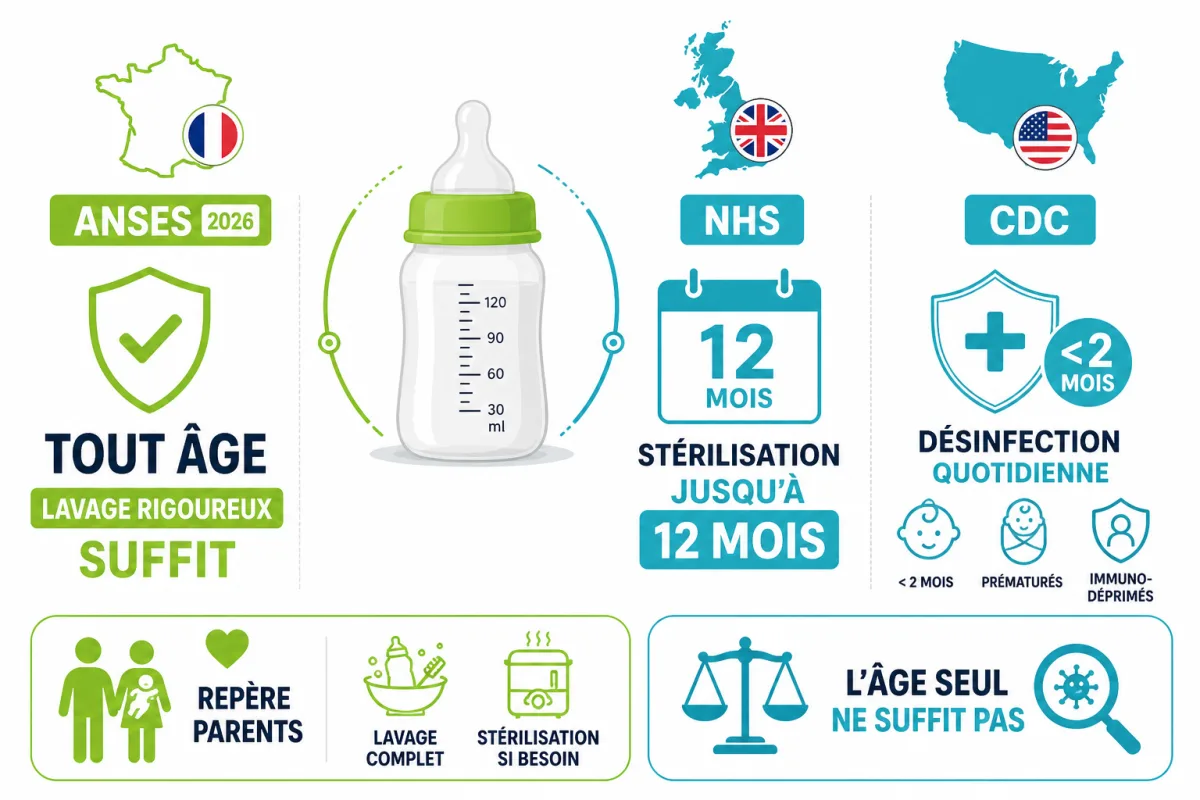 Comparaison des âges et conditions de stérilisation recommandés par l'Anses, le NHS et le CDC