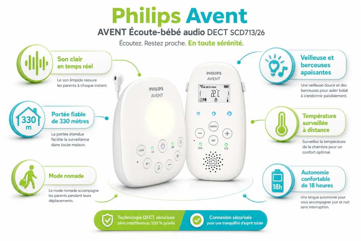 Fonctionnalites cles Philips Avent AVENT Écoute-bébé audio DECT SCD713/26