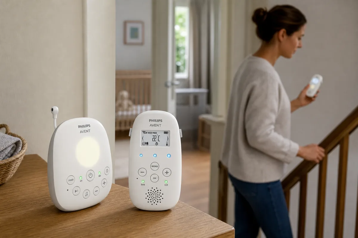 L'unité parents rechargeable se transporte avec son clip ceinture et signale la connexion par LED.