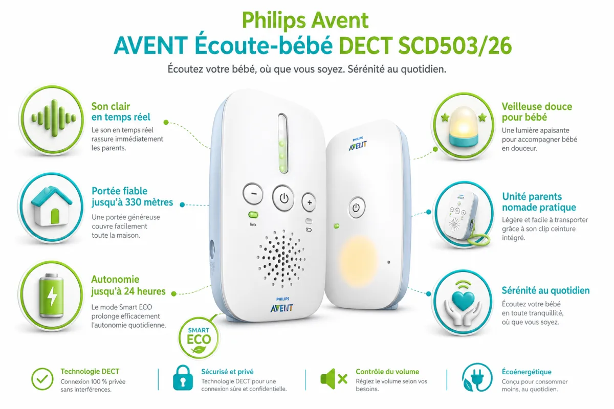 Fonctionnalites cles Philips Avent AVENT Écoute-bébé DECT SCD503/26