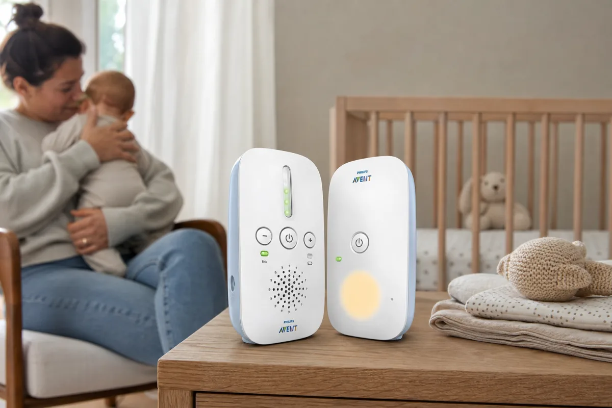 L'unité-parents portable reçoit les sons en temps réel et fonctionne sur secteur ou avec deux piles AA.