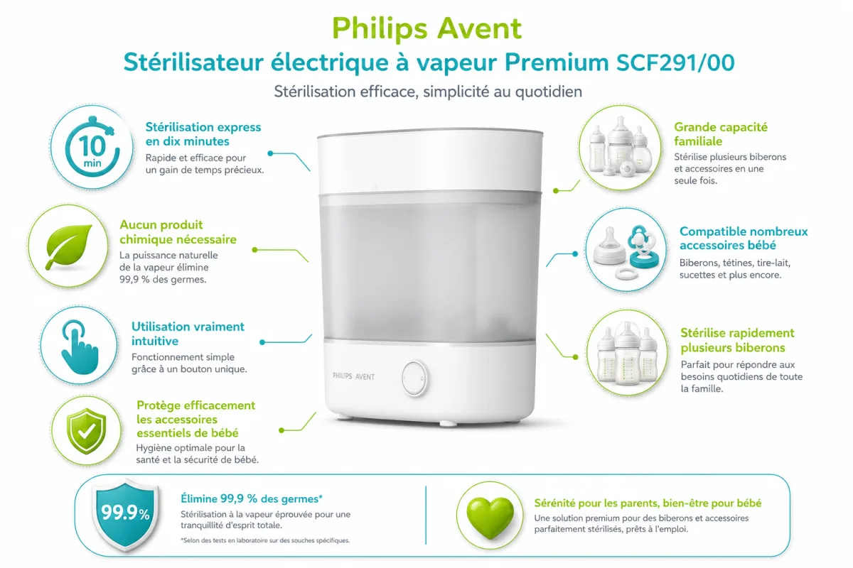 Fonctionnalites cles Philips Avent AVENT Stérilisateur électrique à vapeur Premium SCF291/00