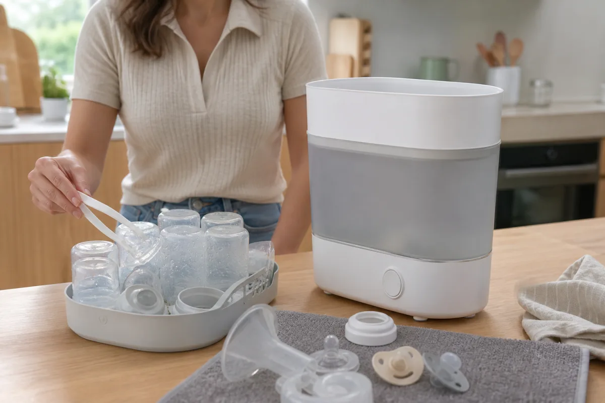 Le panier intérieur accueille six biberons ainsi que les sucettes, tétines et accessoires de tire-lait.