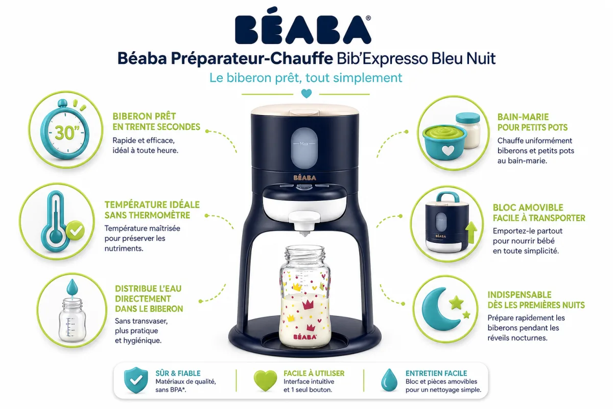 Fonctionnalites cles Béaba Béaba Préparateur-Chauffe Bib'Expresso Bleu Nuit