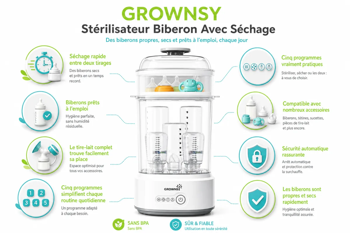 Fonctionnalites cles GROWNSY GROWNSY Stérilisateur Biberon Avec Séchage