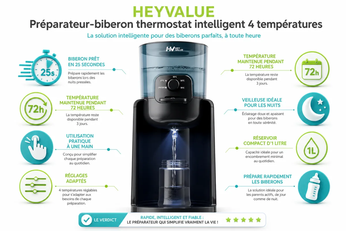 Fonctionnalites cles HEYVALUE HEYVALUE Préparateur-biberon thermostat intelligent 4 températures