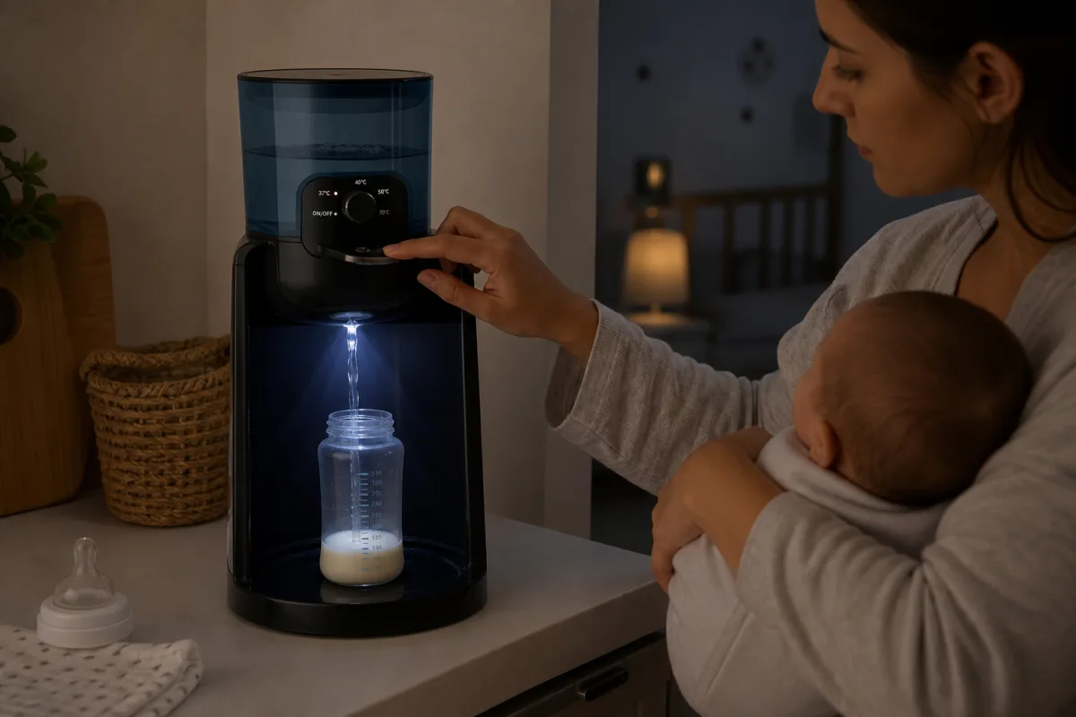 La distribution par pression du doigt facilite le remplissage silencieux des biberons pendant la nuit.