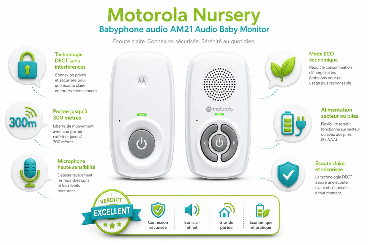 Fonctionnalites cles Motorola Nursery Motorola Nursery Babyphone audio AM21 Audio Baby Monitor