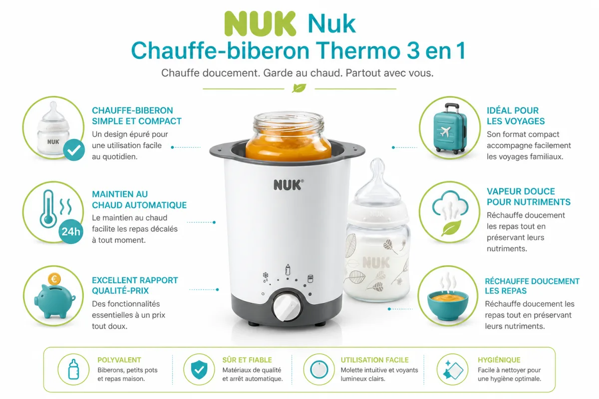 Fonctionnalites cles NUK Nuk Chauffe-biberon Thermo 3 en 1