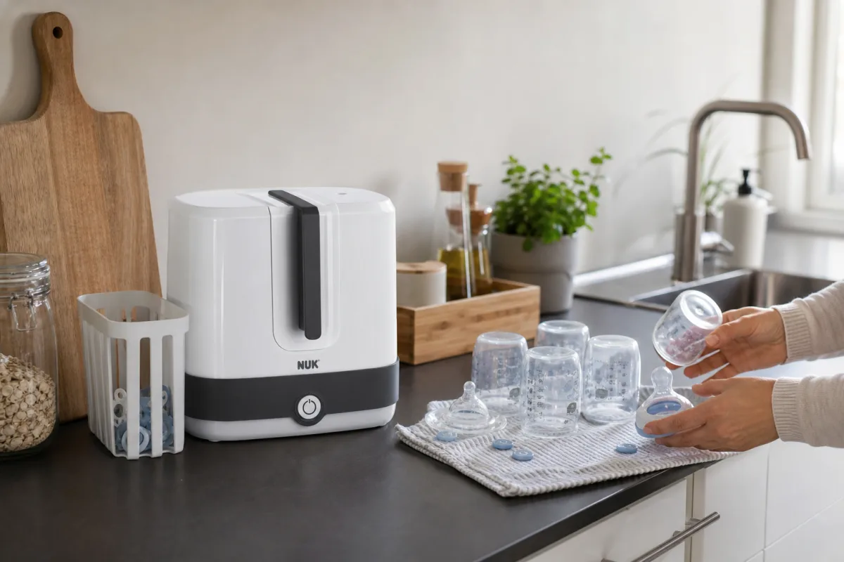 Les six tiges modulables organisent les biberons et accessoires dans le panier amovible.