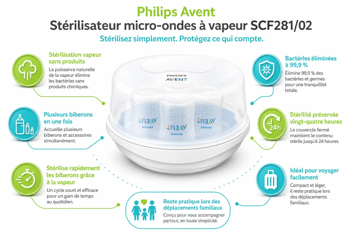 Fonctionnalites cles Philips Avent Philips-Avent Stérilisateur micro-ondes à vapeur SCF281/02