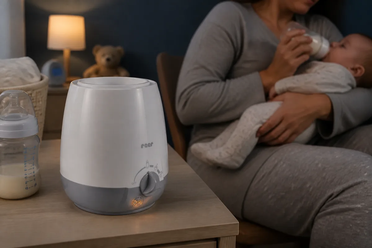 Le thermostat réglable en continu ajuste la chauffe douce des biberons et des petits pots.