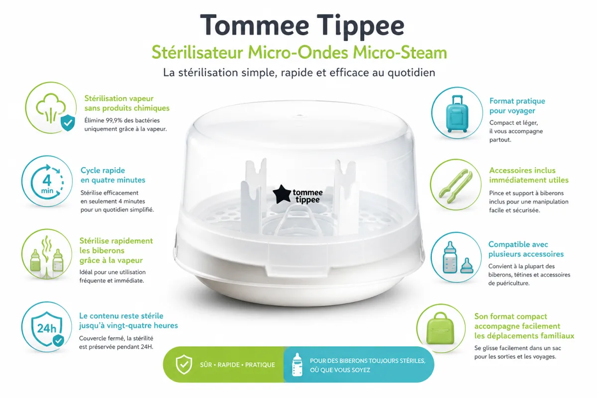 Fonctionnalites cles Tommee Tippee Tommee Tippee Stérilisateur Micro-Ondes Micro-Steam