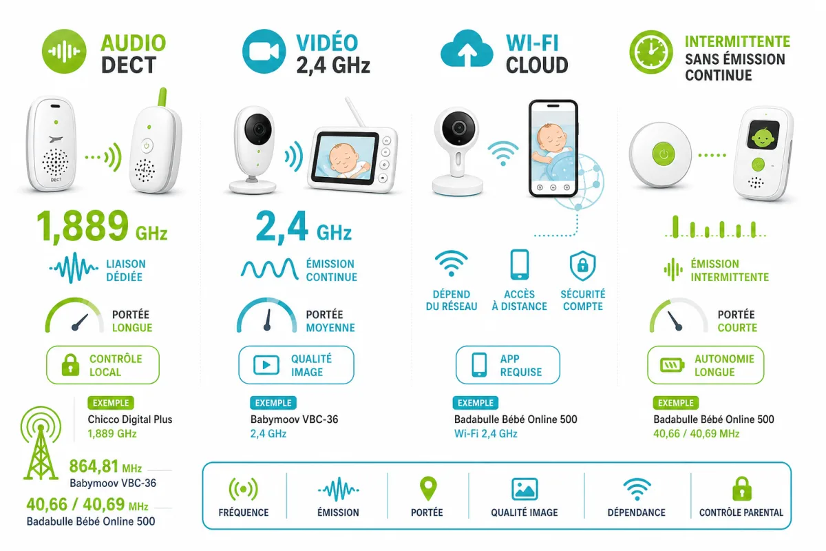 Comparaison des technologies de babyphone selon transmission, exposition, portée et dépendance au Wi-Fi