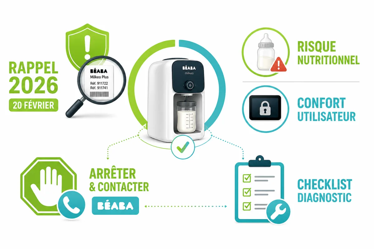 Arbre de diagnostic du Béaba Milkeo avant nettoyage, réinitialisation ou contact avec le service consommateur