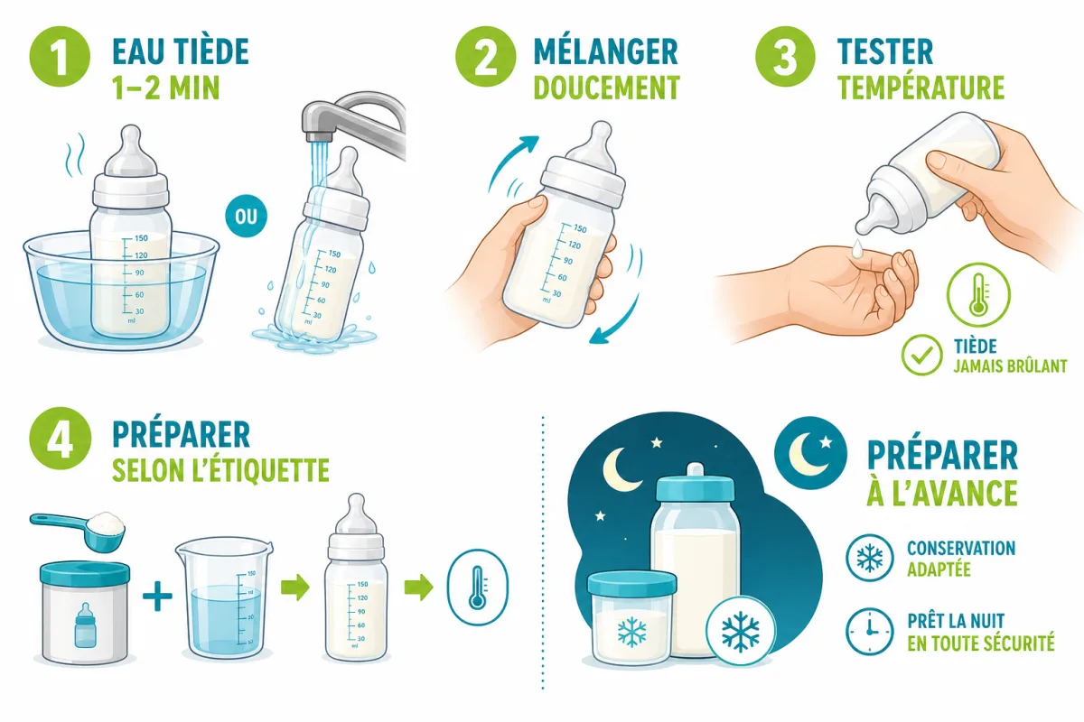 Étapes sûres pour réchauffer un biberon à l’eau tiède avant le repas