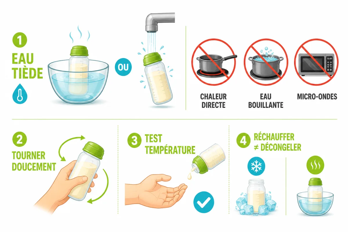 Étapes sûres pour réchauffer, mélanger et contrôler le lait maternel avant le biberon