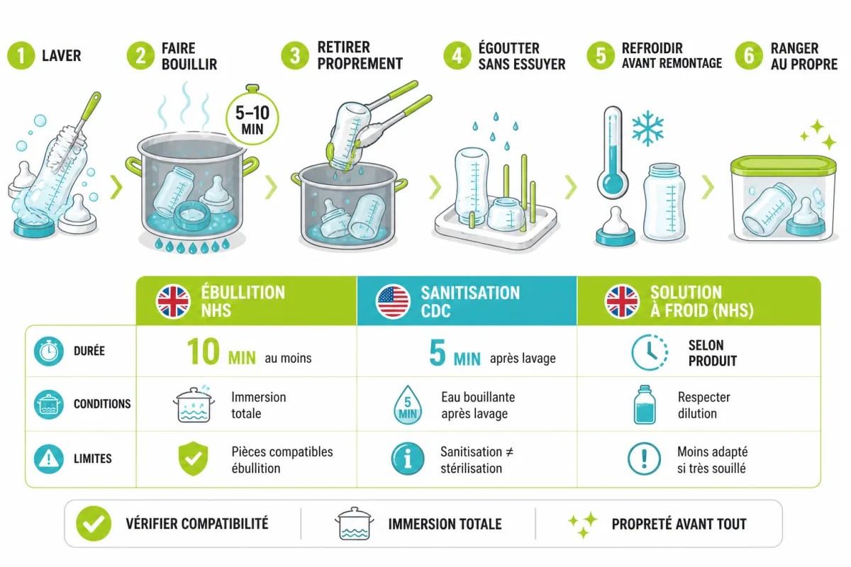Comparaison des durées d’ébullition et d’immersion selon les recommandations sanitaires publiées