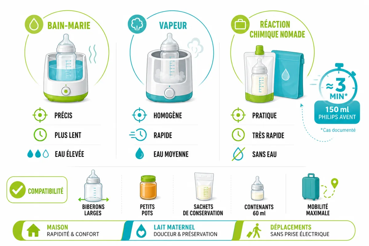 Comparaison des technologies de chauffe-biberon selon vitesse, précision, compatibilité et mobilité