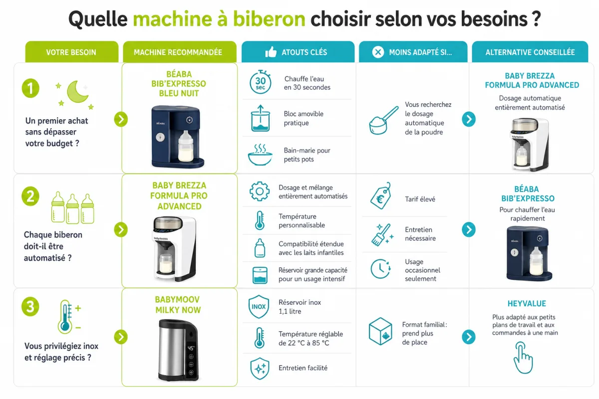 Arbitrage entre automatisation, température, entretien et capacité selon les besoins des jeunes parents