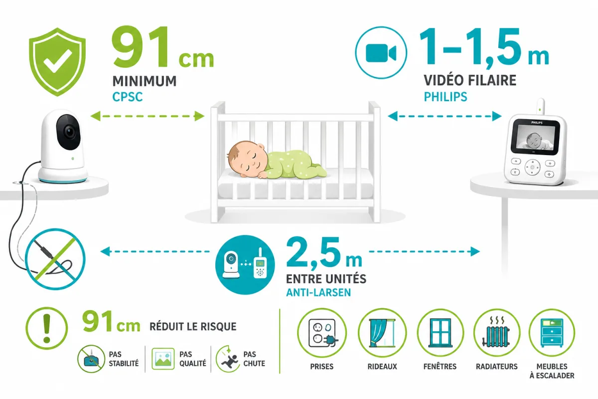 Distances de sécurité et zones de placement du babyphone autour du lit de bébé