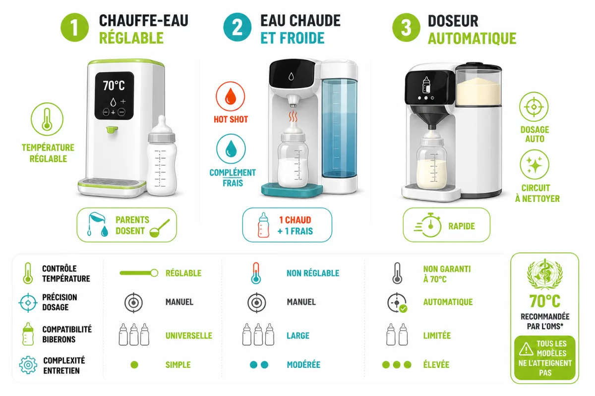 Comparaison des trois types de préparateurs selon température, dosage, rapidité, entretien et contrôle parental