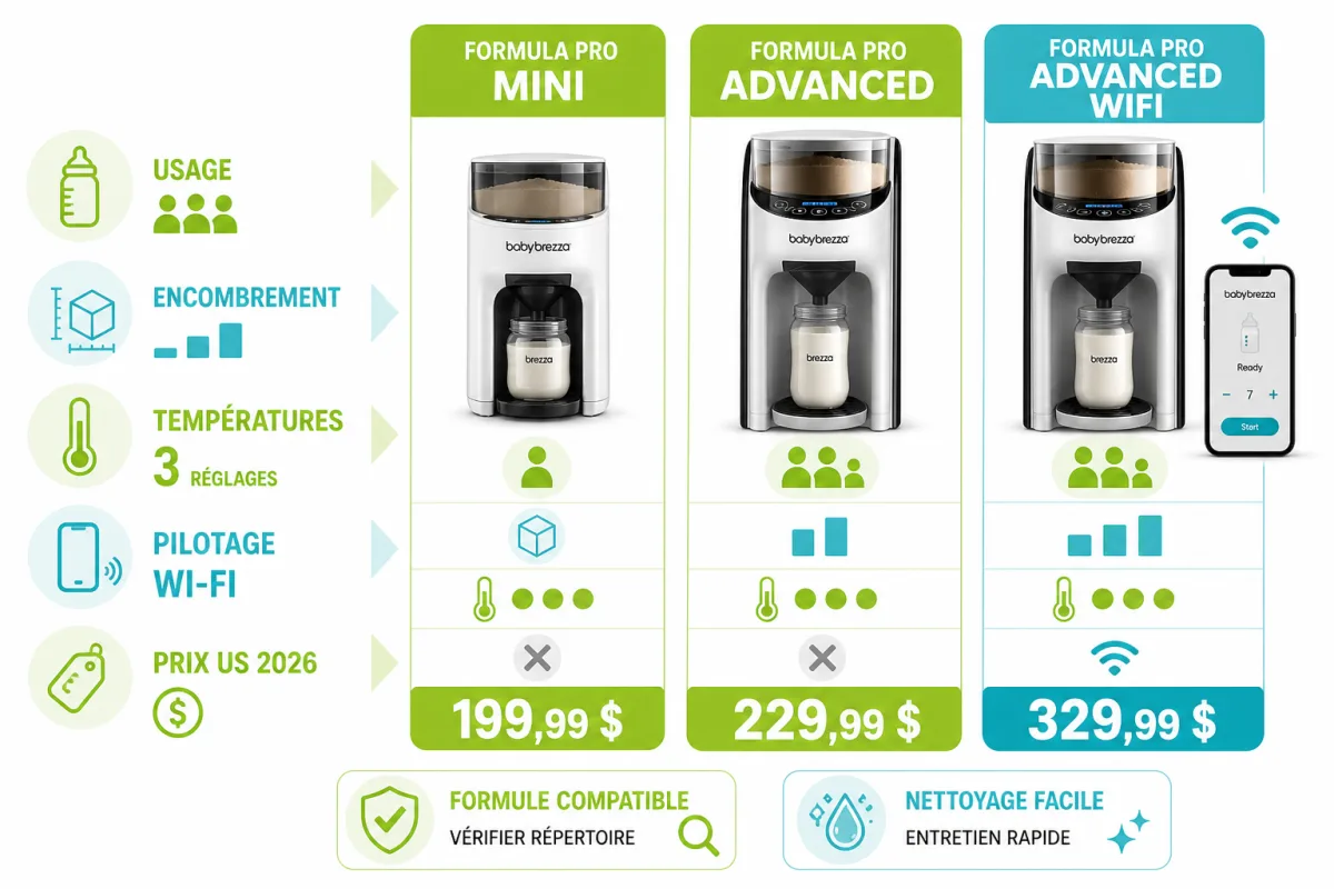 Comparaison des modèles Baby Brezza selon budget, encombrement, températures et usage quotidien