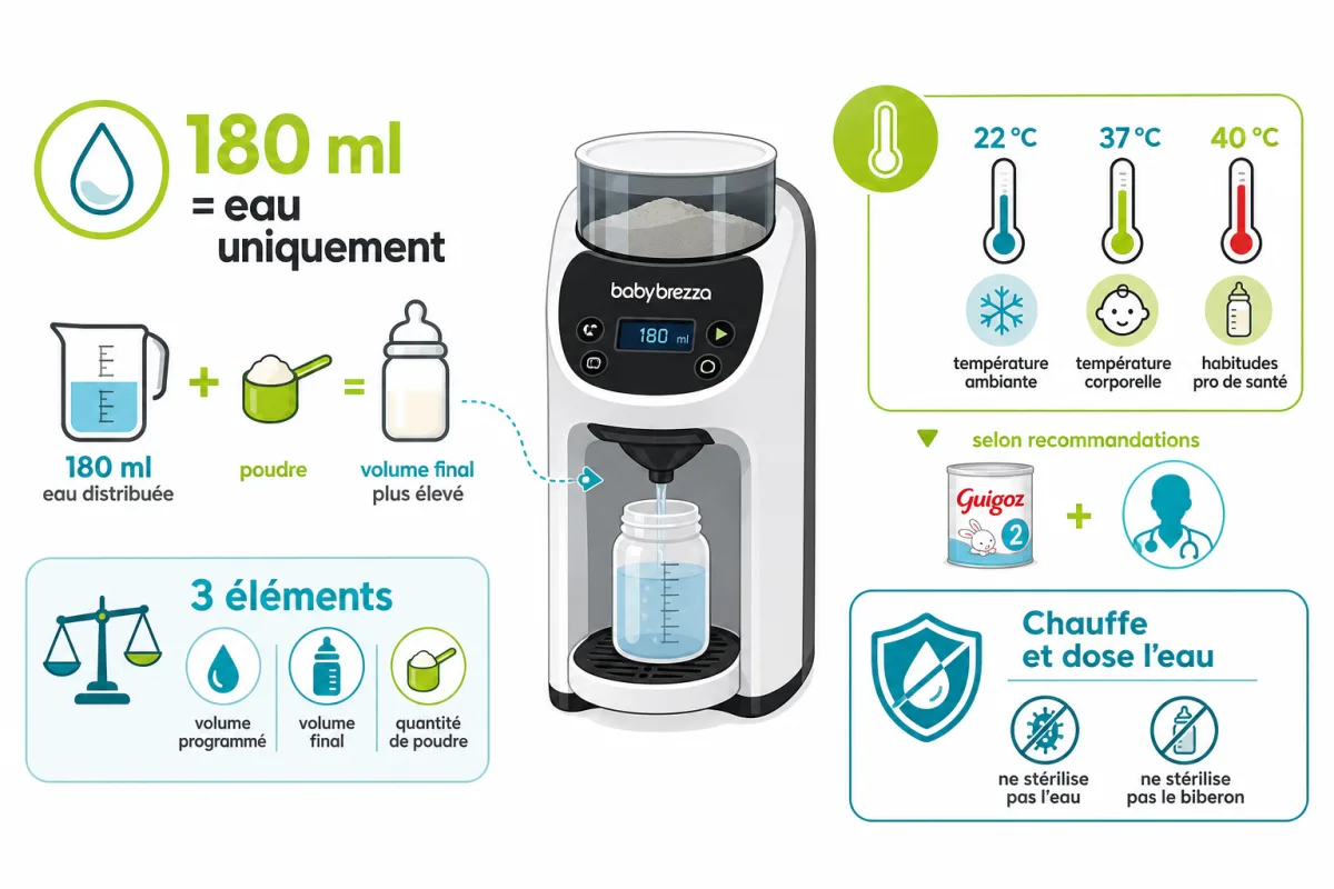 Volume d’eau, dosage de poudre et températures disponibles sur le Formula Pro Advanced