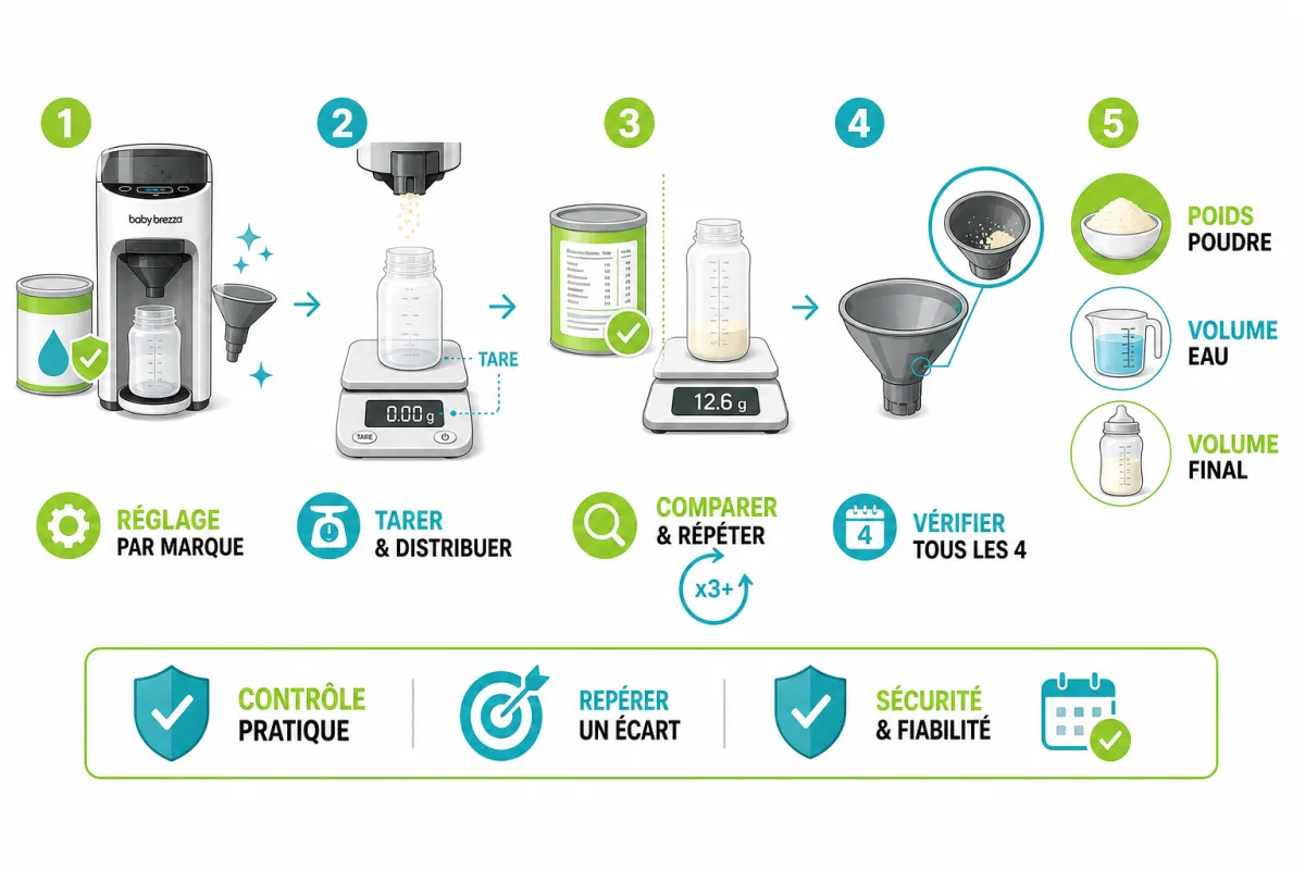 Étapes de vérification du réglage Baby Brezza par mesure de la poudre au poids