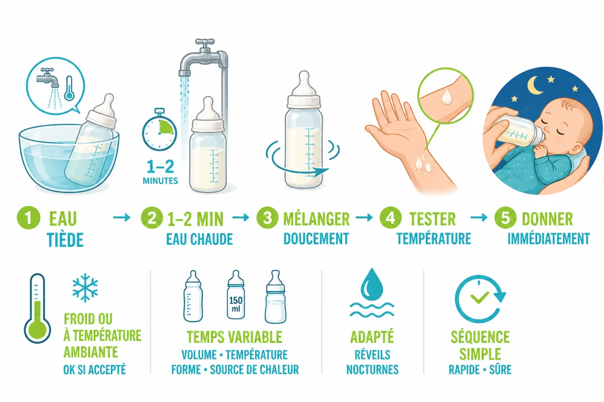Étapes de réchauffage à l’eau tiède et contrôle de la température avant la tétée