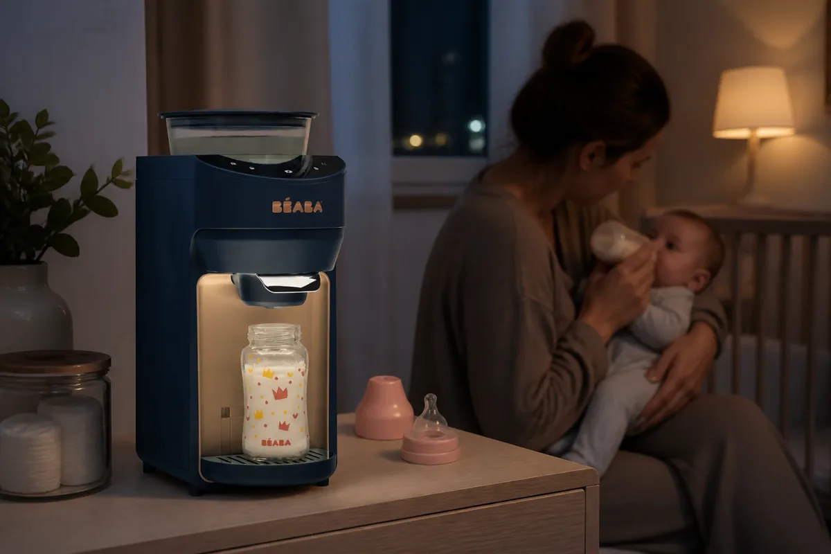 Le système dose, chauffe et distribue automatiquement le biberon sans préchauffage préalable.
