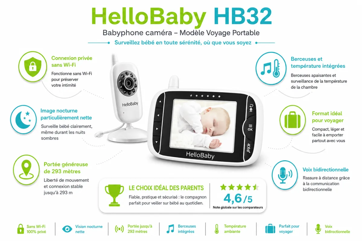 Fonctionnalites cles HelloBaby HelloBaby Babyphone caméra HB32 modèle Voyage Portable