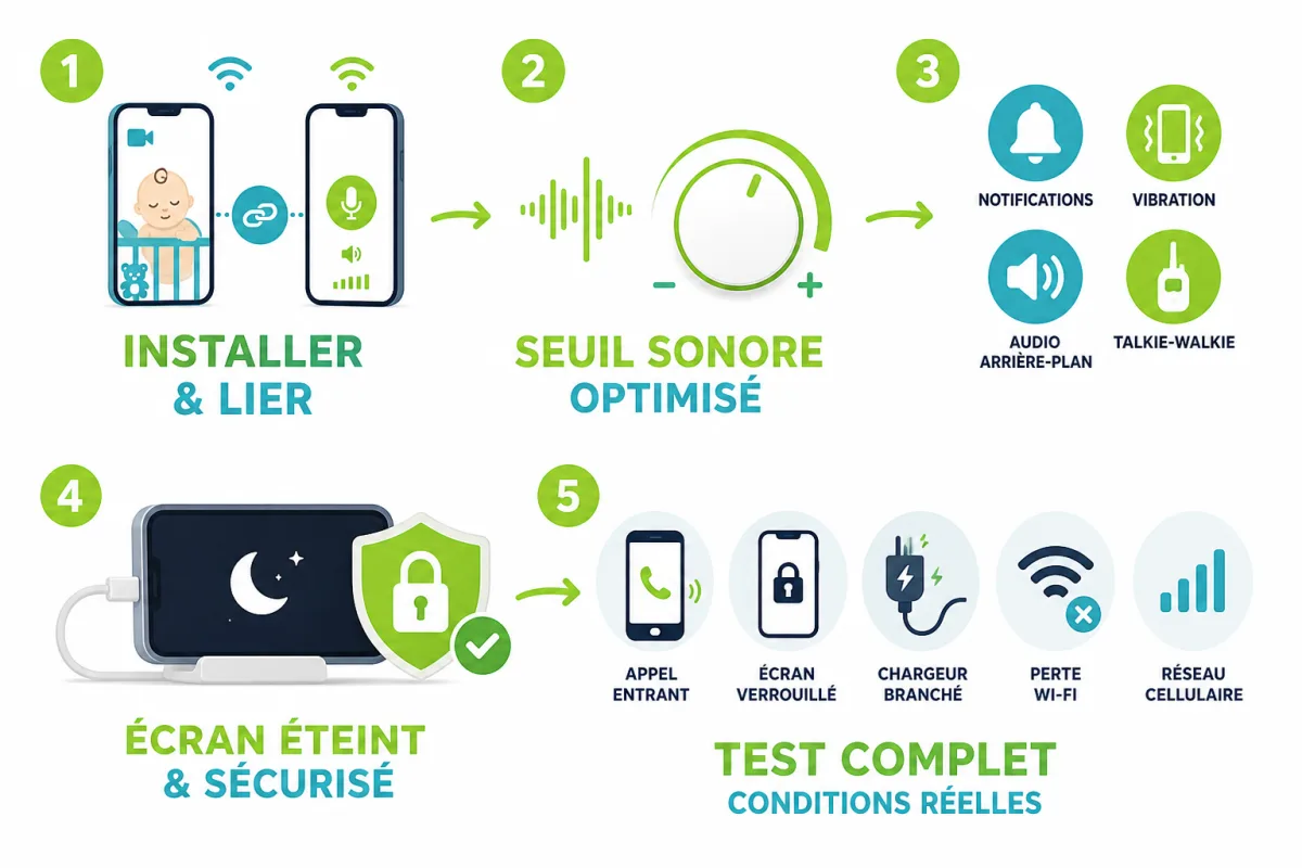 Étapes de configuration et tests d’une application babyphone avec deux smartphones